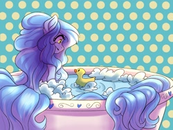 Size: 2160x1620 | Tagged: safe, alternate version, artist:demon-belle, oc, oc only, oc:dozy down, earth pony, pony, bathtub, earth pony oc, female, looking down, mare, rubber duck, solo