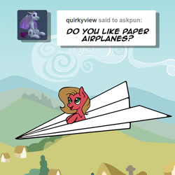 Size: 1000x1000 | Tagged: safe, artist:ariah101, oc, oc only, oc:pun, earth pony, pony, ask pun, ask, paper airplane, solo