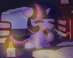 Size: 900x725 | Tagged: safe, artist:talimingi, twilight sparkle, alicorn, pony, g4, book, candle, chibi, cute, eyes closed, female, floppy ears, inkwell, mare, quill, solo, tired, twiabetes, twilight sparkle (alicorn), yawn