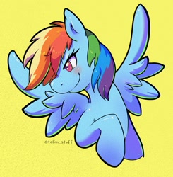 Size: 1300x1325 | Tagged: safe, artist:talimingi, rainbow dash, pegasus, pony, g4, confident, raised hoof, simple background, solo, spread wings, wings, yellow background