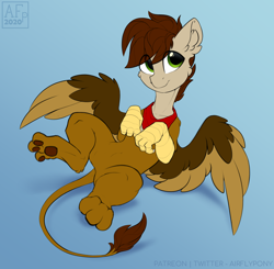 Size: 1800x1762 | Tagged: safe, artist:airfly-pony, oc, oc only, oc:swango, griffon, hybrid, pony, eye clipping through hair, male, patreon, patreon reward, paw pads, paws, smiling, solo, spread wings, underpaw, wings