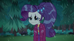 Size: 1920x1080 | Tagged: safe, screencap, rarity, equestria girls, g4, inclement leather, my little pony equestria girls: better together, lip bite, makeup, running makeup, sad, solo, wet hair, wet hairity