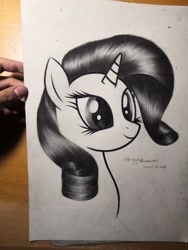 Size: 720x960 | Tagged: source needed, safe, artist:henry forewen, rarity, pony, unicorn, g4, bust, grayscale, hand, monochrome, pencil drawing, solo, traditional art