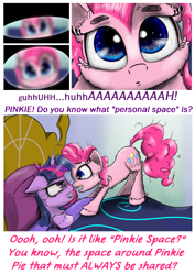 Size: 1500x2116 | Tagged: safe, artist:chopsticks, pinkie pie, twilight sparkle, alicorn, earth pony, pony, g4, bed, behaving like a cat, boop, butt fluff, cheek fluff, chest fluff, close-up, comic, comically missing the point, cute, diapinkes, ear fluff, female, gold tooth, mare, morning ponies, noseboop, personal space invasion, pinkie being pinkie, pinkie logic, text, twilight sparkle (alicorn), unshorn fetlocks