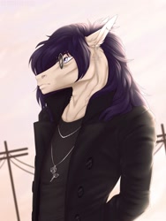 Size: 1500x2000 | Tagged: safe, artist:dementra369, oc, oc only, oc:coffin, anthro, clothes, cross, ear piercing, earring, glasses, jewelry, necklace, piercing, solo