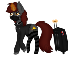 Size: 2335x1832 | Tagged: safe, artist:embermare, artist:emberstoneeqf, oc, oc only, oc:ember stone, pony, unicorn, choker, clothes, collar, cute, female, full body, glowing horn, hoodie, horn, mare, mask, simple background, sockies, socks, solo, striped socks, suitcase, transparent background, travel, walking