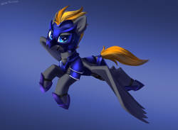 Size: 3000x2200 | Tagged: safe, artist:shido-tara, oc, oc only, oc:blaze (shadowbolt), pegasus, pony, armor, armored pony, commission, flying, helmet, high res, looking at you, night guard, night guard armor, pegasus oc, simple background, solo, wings