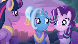 Size: 4444x2500 | Tagged: safe, artist:limedazzle, starlight glimmer, trixie, twilight sparkle, alicorn, pony, unicorn, g4, the last problem, clothes, dress, female, high res, horn, horn jewelry, horn ring, jewelry, lesbian, looking at each other, marriage, older, older starlight glimmer, older trixie, older twilight, older twilight sparkle (alicorn), princess twilight 2.0, ring, ship:startrix, shipping, show accurate, smiling, trio, twilight sparkle (alicorn), wedding, wedding dress, wedding ring