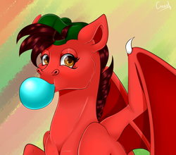 Size: 6254x5512 | Tagged: safe, artist:creed larsen, oc, oc only, bat pony, pony, blowing, bubblegum, cap, food, gum, hat, simple background, solo