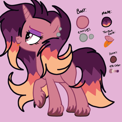 Size: 1800x1800 | Tagged: safe, artist:circuspaparazzi5678, oc, oc only, oc:firework burst, pony, unicorn, base used, ear piercing, earring, eyeshadow, jewelry, magical lesbian spawn, makeup, offspring, parent:sunset shimmer, parent:twilight sparkle, parents:sunsetsparkle, piercing, reference sheet, solo, tongue out, tongue piercing