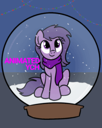Size: 768x964 | Tagged: safe, artist:lannielona, pony, advertisement, animated, christmas, christmas lights, clothes, commission, female, gif, holiday, looking up, magic, mare, scarf, simple, sitting, snow, snow globe, solo, your character here