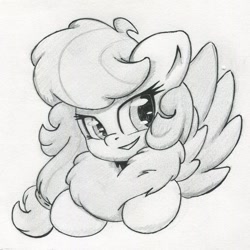 Size: 1496x1496 | Tagged: safe, artist:zemer, oc, oc only, oc:feather belle, pony, bust, chest fluff, cute, fluffy, hair tie, monochrome, portrait, smiling, solo, traditional art