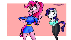 Size: 1920x1080 | Tagged: safe, artist:nativefall, pinkie pie, rarity, earth pony, unicorn, anthro, g4, arm behind back, breasts, busty pinkie pie, busty rarity, clothes, digital art, duo, duo female, female, horn, simple background, tail, thighs, wide hips