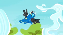 Size: 1280x720 | Tagged: safe, screencap, thunderlane, pegasus, pony, g4, marks and recreation, clothes, flying, goggles, male, solo, spread wings, stallion, uniform, wings, wonderbolts, wonderbolts uniform