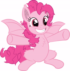 Size: 5501x5587 | Tagged: artist needed, source needed, safe, pinkie pie, bat pony, pony, g4, bat ponified, bat wings, cute, diapinkes, female, grin, hug, incoming hug, mare, pinkiebat, race swap, simple background, sitting, smiling, solo, vector, white background, wings