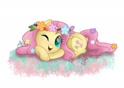 Size: 3000x2128 | Tagged: safe, artist:neondromeda, fluttershy, pegasus, pony, g4, cute, female, floral head wreath, flower, flower in tail, folded wings, high res, looking at you, lying down, mare, one eye closed, open mouth, prone, shyabetes, simple background, smiling, solo, white background, wings, wink, winking at you
