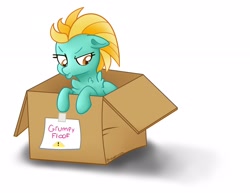Size: 2326x1800 | Tagged: safe, artist:neondromeda, lightning dust, pegasus, pony, g4, box, chest fluff, female, floppy ears, folded wings, grumpy, high res, looking away, looking down, mare, note, pony in a box, pouting, simple background, solo, white background, wings
