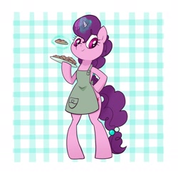 Size: 2412x2412 | Tagged: safe, artist:pfeffaroo, sugar belle, pony, unicorn, semi-anthro, g4, abstract background, apron, arm hooves, bipedal, clothes, cookie, female, food, high res, mare, solo