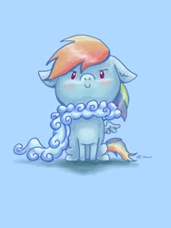 Size: 1536x2048 | Tagged: safe, artist:catscratchpaper, rainbow dash, pegasus, pony, g4, >:), beady eyes, blue background, blushing, chibi, clothes, cloud, cute, dashabetes, floppy ears, looking at you, scarf, simple background, sitting, solo