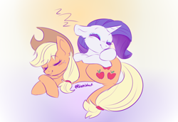 Size: 2410x1655 | Tagged: dead source, safe, artist:blushwoof, applejack, rarity, earth pony, pony, unicorn, g4, apple, cowboy hat, cute, duo, eyes closed, female, food, hat, jackabetes, lesbian, lying down, lying on top of someone, mare, onomatopoeia, raribetes, ship:rarijack, shipping, sketch, sleeping, snuggling, sound effects, zzz