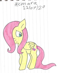 Size: 992x1236 | Tagged: safe, artist:cmara, fluttershy, pegasus, pony, g4, female, filly, filly fluttershy, folded wings, hair over one eye, lined paper, looking away, raised hoof, sad, simple background, solo, standing, traditional art, white background, wings, younger