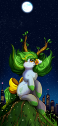 Size: 2550x5509 | Tagged: safe, artist:pridark, oc, oc only, dryad, pony, commission, eyebrows, eyebrows visible through hair, female, full moon, high res, looking up, mare, moon, night, night sky, sitting, sky, smiling, solo, yellow eyes