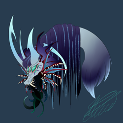 Size: 2000x2000 | Tagged: safe, artist:crystalcontemplator, oc, oc only, oc:krius, draconequus, blue background, body horror, bust, draconequus oc, eldritch abomination, fangs, high res, open mouth, signature, simple background
