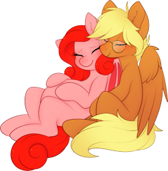 Size: 2925x2987 | Tagged: safe, artist:scarlet-spectrum, oc, oc:coffee creme, oc:molly d, bat pony, pegasus, pony, eyes closed, glasses, high res, hug, pregnant, rule 63, simple background, smiling, transparent background