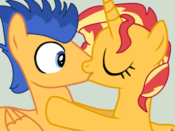 Size: 836x627 | Tagged: safe, artist:jadeharmony, flash sentry, sunset shimmer, pony, unicorn, g4, female, kissing, male, ship:flashimmer, shipping, straight