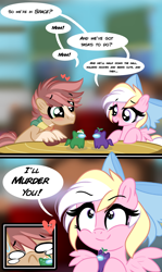 Size: 2290x3844 | Tagged: safe, artist:emberslament, oc, oc only, oc:bay breeze, oc:pitch kritter pine, earth pony, pegasus, pony, 2 panel comic, among us, blushing, bow, clothes, colt, comic, crying, cute, dialogue, duo, female, filly, hair bow, heart eyes, high res, male, nervous, pinebreeze, scarf, sinister, speech bubble, unshorn fetlocks, wingding eyes