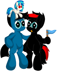 Size: 5134x6448 | Tagged: safe, artist:agkandphotomaker2000, dj pon-3, vinyl scratch, oc, oc:arnold the pony, oc:pony video maker, pegasus, pony, 2021 community collab, derpibooru community collaboration, g4, bipedal, flag, looking at you, plushie, red and black mane, red and black oc, simple background, tongue out, transparent background
