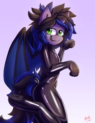 Size: 1024x1317 | Tagged: safe, artist:tikrs007, oc, oc only, oc:kuro, alicorn, bat pony, bat pony alicorn, anthro, unguligrade anthro, bat pony oc, bat wings, broken horn, fangs, forked tongue, horn, latex, latex suit, looking at you, male, solo, tongue out, wings