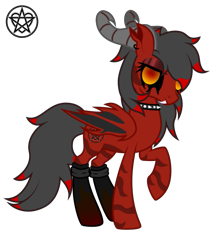 Size: 563x663 | Tagged: safe, artist:ragedox, oc, oc only, oc:naylen lith, demon, demon pony, original species, pony, succubus, black sclera, clothes, cutie mark, doom equestria, evil, female, horn, jewelry, looking at you, necklace, pentagram, prices, show accurate, simple background, socks, solo, tail, transparent background, vector, wings