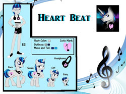 Size: 1080x804 | Tagged: safe, artist:rxndxm.artist, oc, oc only, oc:heart beat, pony, equestria girls, g4, clothes, colt, equestria girls-ified, headphones, hoof on chest, male, raised hoof, reference sheet, shoes, shorts, stallion, treble clef