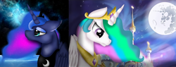 Size: 2160x822 | Tagged: safe, artist:rxndxm.artist, princess celestia, princess luna, alicorn, pony, g4, bust, duo, ethereal mane, female, folded wings, full moon, jewelry, looking down, mare, mare in the moon, moon, night, peytral, profile, royal sisters, sad, siblings, sisters, split screen, stars, tiara, wings