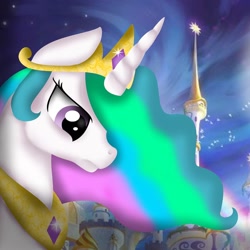 Size: 1080x1080 | Tagged: safe, alternate version, artist:rxndxm.artist, princess celestia, alicorn, pony, g4, bust, ethereal mane, female, full moon, jewelry, mare, moon, night, peytral, solo, stars, tiara