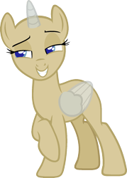 Size: 979x1370 | Tagged: safe, artist:pegasski, oc, oc only, alicorn, pony, g4, the one where pinkie pie knows, alicorn oc, bald, base, bedroom eyes, eyelashes, eyes closed, female, grin, horn, mare, raised hoof, simple background, smiling, solo, transparent background, transparent horn, transparent wings, two toned wings, wings