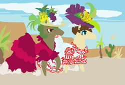Size: 793x541 | Tagged: safe, artist:saby, derpibooru exclusive, oc, oc only, oc:even bits, oc:gladiolus, earth pony, pony, horse heresy, 1000 hours in ms paint, alternate hairstyle, clothes, colored, crossdressing, desert, disguise, dress, duo, flamenco dress, flat colors, frilly dress, fruit hat, hat, lineless, makeup, male, ms paint, outdoors, roleplay illustration, stallion, walking