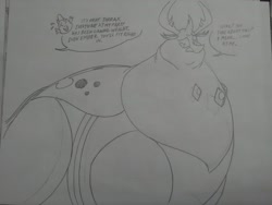 Size: 2592x1944 | Tagged: safe, artist:princebluemoon3, spike, thorax, changedling, changeling, dragon, g4, bhm, changeling king, chunkling, chunkling king, double chin, fat, floating head, grayscale, king thorax, monochrome, morbidly obese, nervous, obese, sketch, sweat, sweatdrop, thorass, thorlard, traditional art, weight gain
