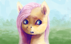Size: 3097x1936 | Tagged: safe, artist:sharpieboss, fluttershy, pegasus, pony, g4, bandaid, bandaid on nose, bust, eyebrows, female, grass, grass field, mare, open mouth, sky, solo, tree