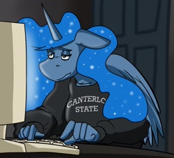 Size: 2048x1862 | Tagged: safe, artist:nosch, princess luna, alicorn, anthro, g4, clothes, computer, coraline, ethereal mane, floppy ears, meme, solo, sweatshirt, tired, typing, wings