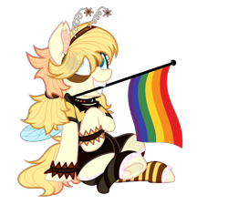 Size: 3417x3069 | Tagged: safe, artist:vi45, oc, oc only, oc:busy buzz (ice1517), bee pony, original species, pony, clothes, collar, commission, deely bobbers, female, gay pride flag, grin, hairband, high res, hoofless socks, mare, mask, mismatched socks, pride, pride flag, rainbow, rainbow flag, raised hoof, raised leg, shirt, shorts, simple background, sitting, smiling, socks, solo, striped socks, transparent background, wristband, ych result