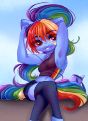 Size: 700x960 | Tagged: safe, artist:cabbage-arts, rainbow dash, anthro, g4, adorasexy, armpits, belly button, blushing, breasts, busty rainbow dash, cleavage, crossed legs, cute, dashabetes, female, headphones, muscles, ponytail, sexy, sitting, smiling, solo, stupid sexy rainbow dash, sweat, watermark