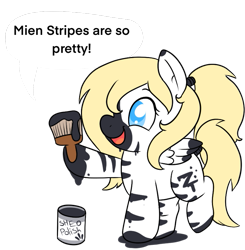 Size: 795x810 | Tagged: safe, oc, oc only, oc:luftkrieg, pony, zebra, cute, dialogue, happy, misspelling, op is a duck, open mouth, paintbrush, racism, raised leg, simple background, solo, speciesism, striped, stripeface, transparent background, zebraface