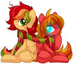 Size: 1146x1000 | Tagged: safe, artist:loyaldis, oc, oc only, oc:compu, oc:maple, pegasus, pony, robot, robot pony, clothes, commission, female, filly, pegasus oc, scarf, shared clothing, shared scarf, simple background, transparent background, tulpa, wings