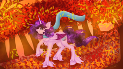 Size: 3200x1800 | Tagged: safe, artist:jamlotte1, oc, oc only, oc:cosmic star, alicorn, pony, alicorn oc, autumn, clothes, ethereal mane, female, forest, horn, leaves, mare, raised hoof, scarf, smiling, solo, tree, wind, wings