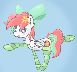 Size: 1790x1659 | Tagged: safe, artist:coffeeponee, oc, oc only, oc:coffea flower, pegasus, pony, bow, clothes, extended trot pose, female, flower, flower in hair, fluffy, hair bow, heart eyes, legs in air, mare, raised hoof, socks, solo, striped socks, tongue out, wingding eyes