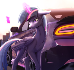 Size: 769x719 | Tagged: safe, artist:sakuracheetah, twilight sparkle, alicorn, pony, g4, car, cellphone, dodge charger, female, floppy ears, magic, phone, smartphone, solo, twilight sparkle (alicorn), wings