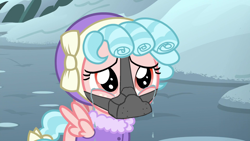 Size: 1920x1080 | Tagged: safe, edit, edited screencap, screencap, cozy glow, pegasus, pony, g4, clothes, cozybuse, crying, enslaved, escape, female, filly, gag, muzzle, muzzle gag, solo