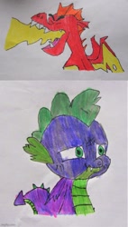 Size: 500x880 | Tagged: safe, artist:spikeabuser, garble, spike, dragon, g4, sweet and smoky, abuse, burned, drawing, fire, go to sleep garble, scene interpretation, shitposting, spikeabuse
